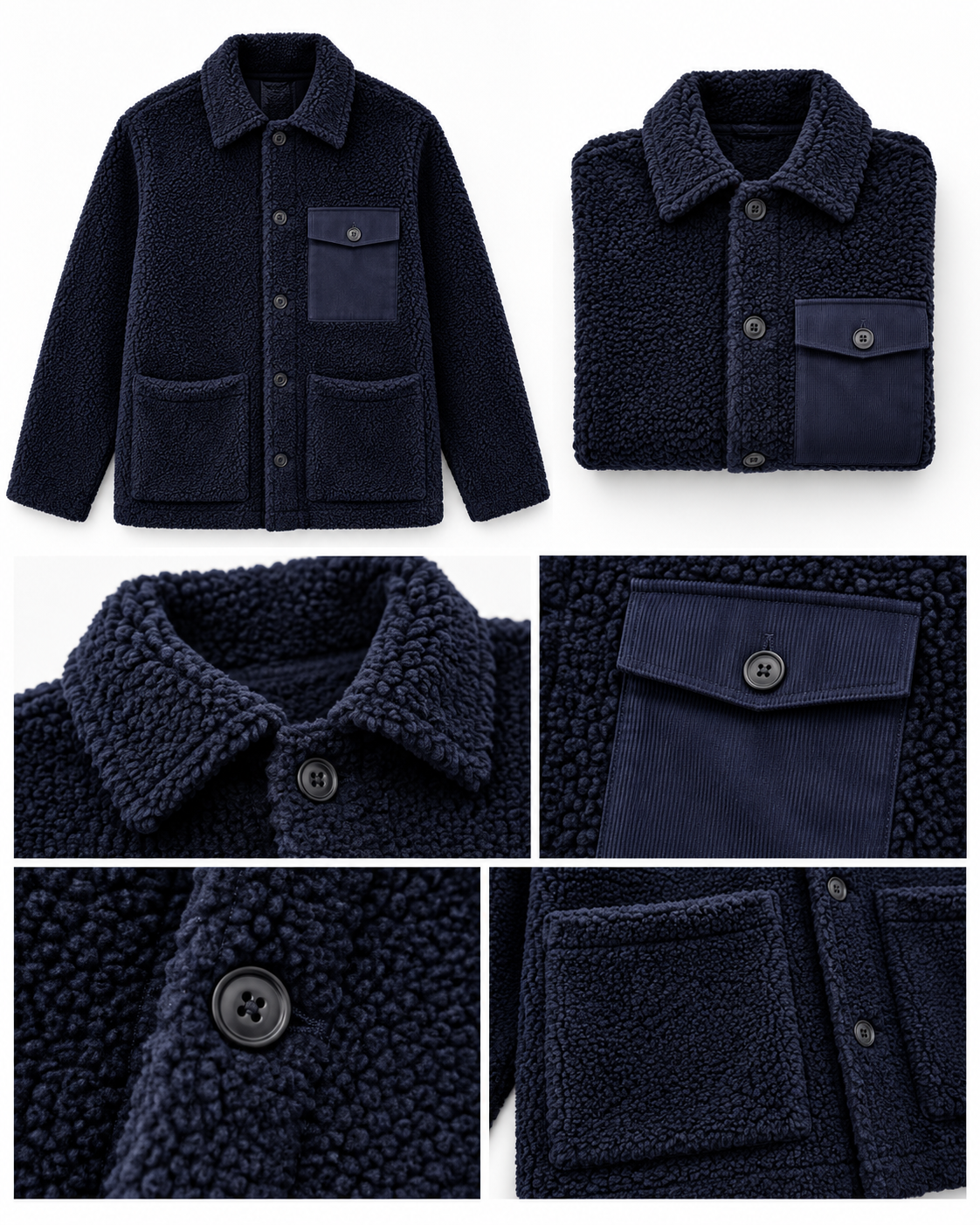 Détails veste Utility Hartford sherpa marine avec col, boutons, poches plaquées et poche poitrine