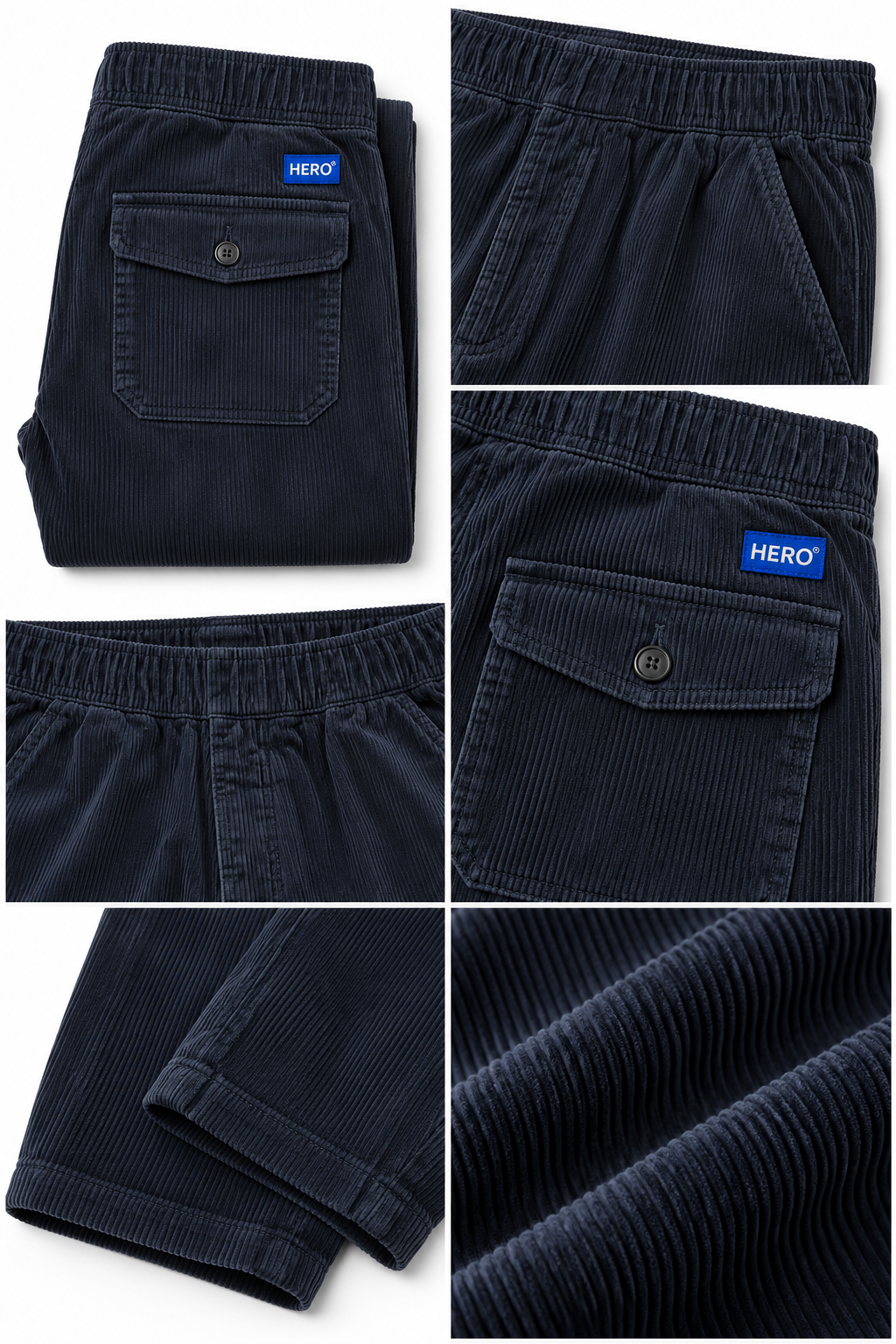 Détails pantalon Alwyn Hero Seven bleu marine avec poches, velours côtelé et logo HERO