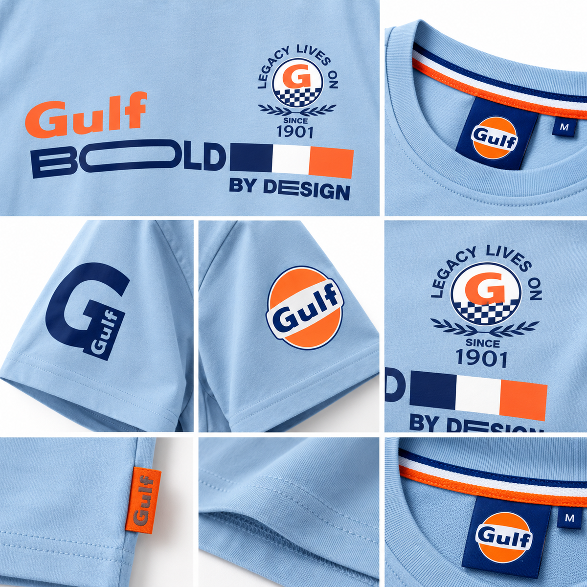 Détails des logos Gulf Bold 1901, écussons manches et col du T-shirt bleu ciel