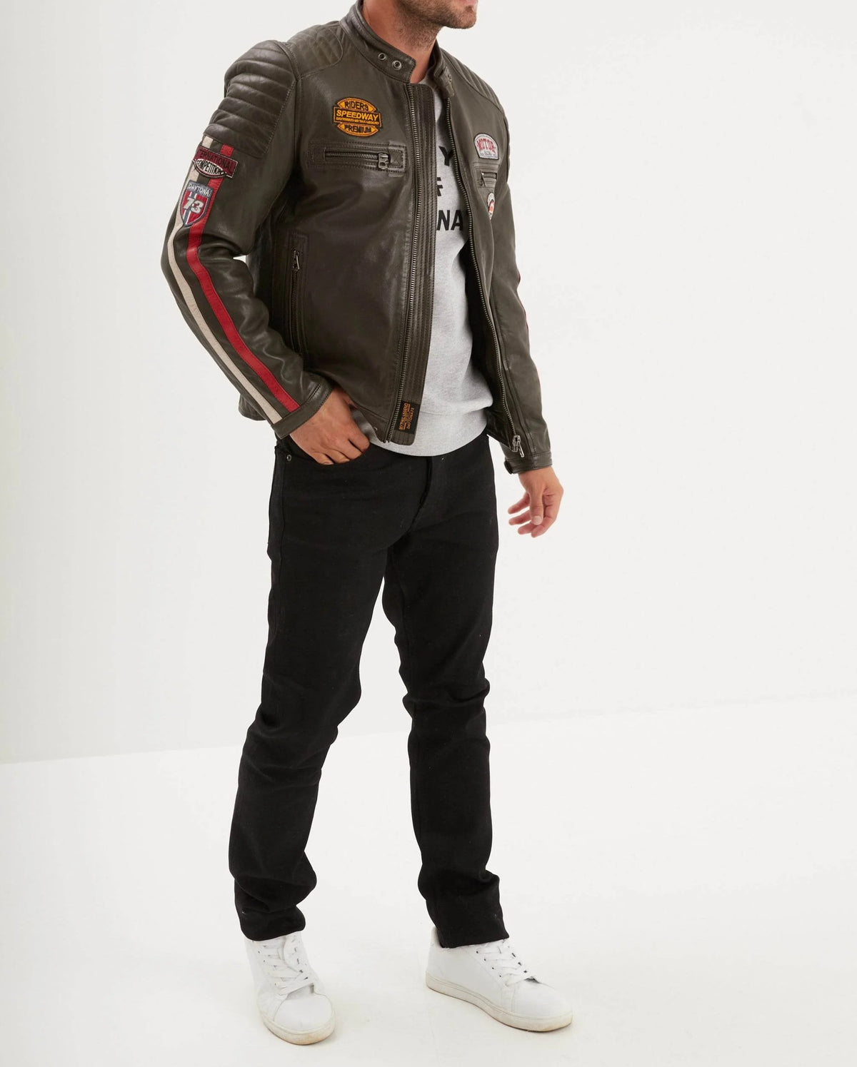 Gasly – Blouson cuir motard kaki vintage | Daytona 73