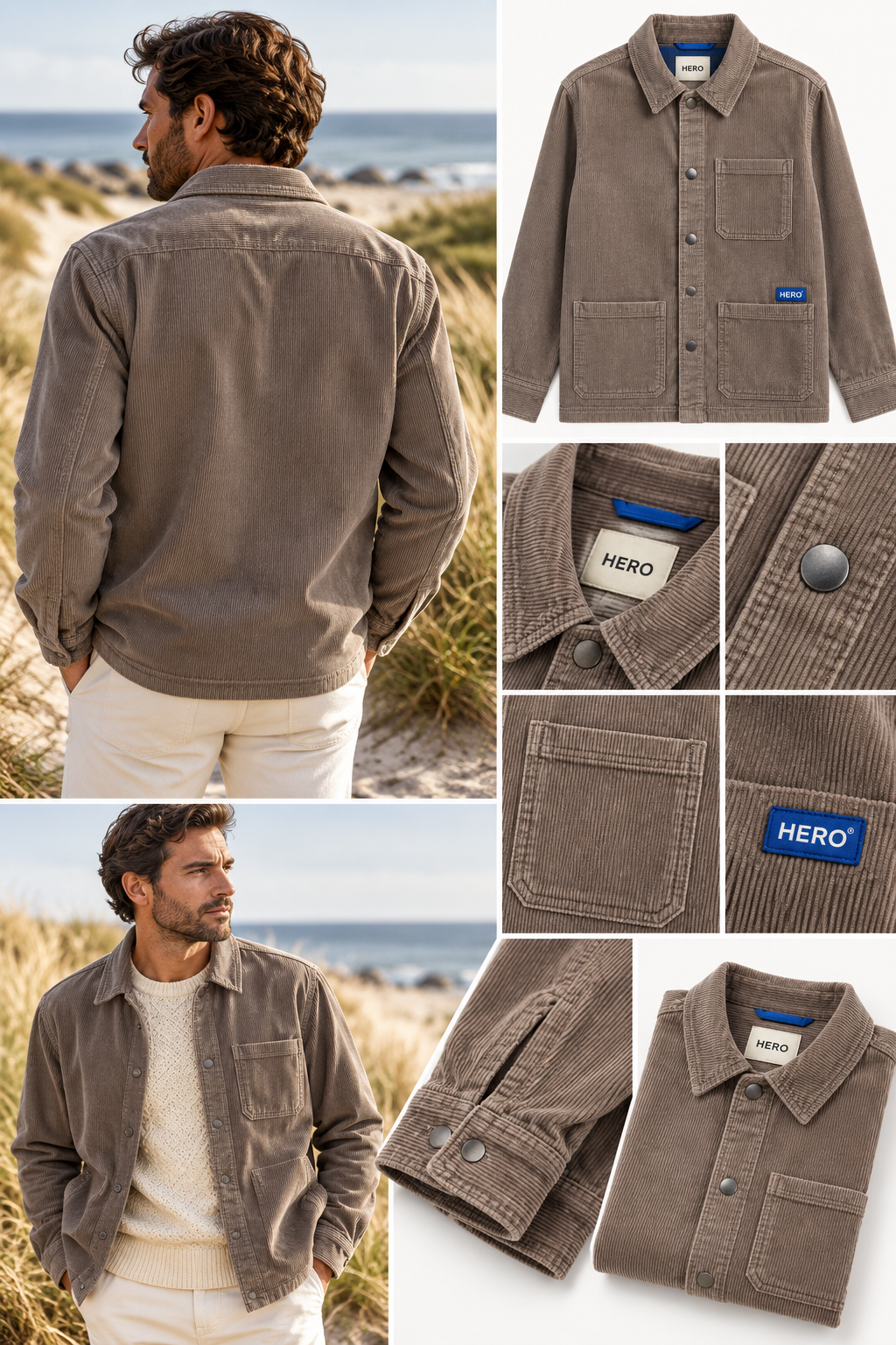 Détails veste ADRIEL Hero Seven en velours côtelé avec poches, boutons, logo et finition