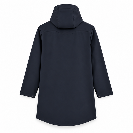 Parka longue bleu marine à capuche pour homme, vue de dos avec base arrondie.