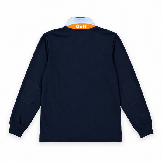 Polo Gulf bleu marine à manches longues pour homme, vu de dos avec coudières matelassées et inscription Gulf sur le col bleu ciel et orange.