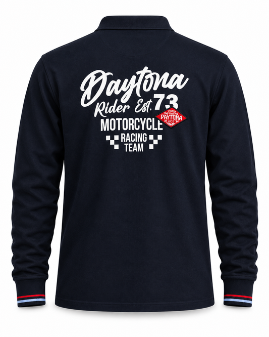 Polo SELAWIK homme bleu marine avec grand lettrage Daytona racing vue de dos