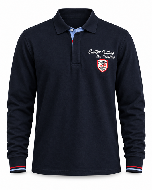 Polo SELAWIK homme bleu marine manches longues avec broderies racing vue de face