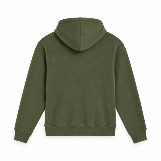 Sweat zippé à capuche kaki PULLIN pour homme, vu de dos avec finitions côtelées.