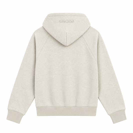 Vue de dos du sweat à capuche Sweet Pants F Iconic Zip écru chiné, manches raglan et broderie sur la capuche