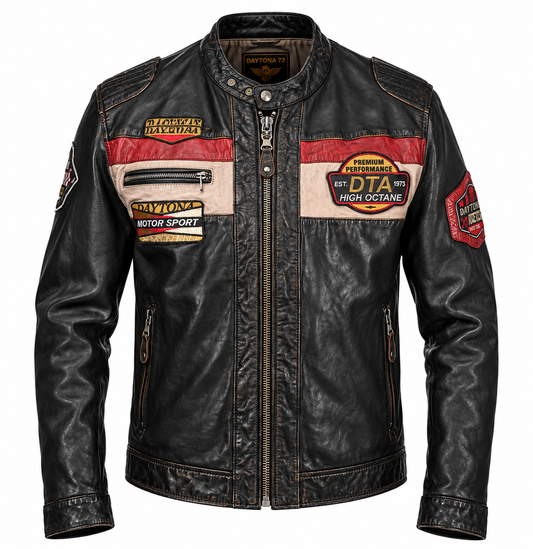 Blouson moto Nedoc Daytona 73 en cuir noir vieilli, bandes rouges et écrues, patchs racing brodés et col motard.