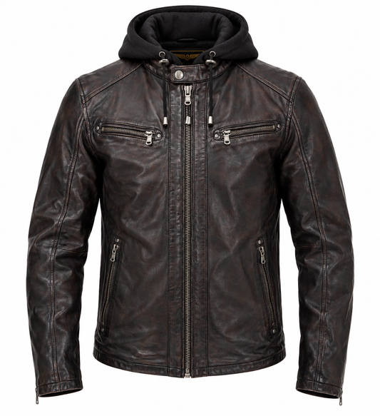 Blouson Winstoner Daytona 73 en cuir de mouton marron foncé vieilli, capuche noire amovible, quatre poches zippées, vue de face.
