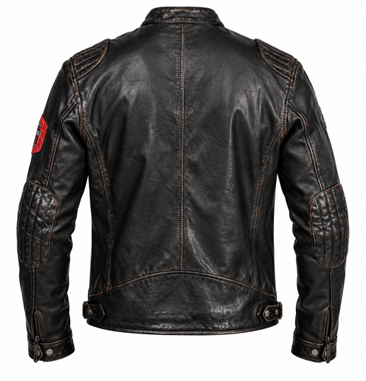 Vue de dos du blouson cuir Nedoc Daytona 73 noir vieilli, épaules et coudes matelassés, coutures contrastantes et pattes de taille.