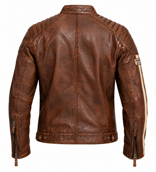 Vue de dos du blouson Corning Daytona 73 en cuir marron vieilli, épaules surpiquées, bandes écrues aux manches et pattes de réglage à la taille.