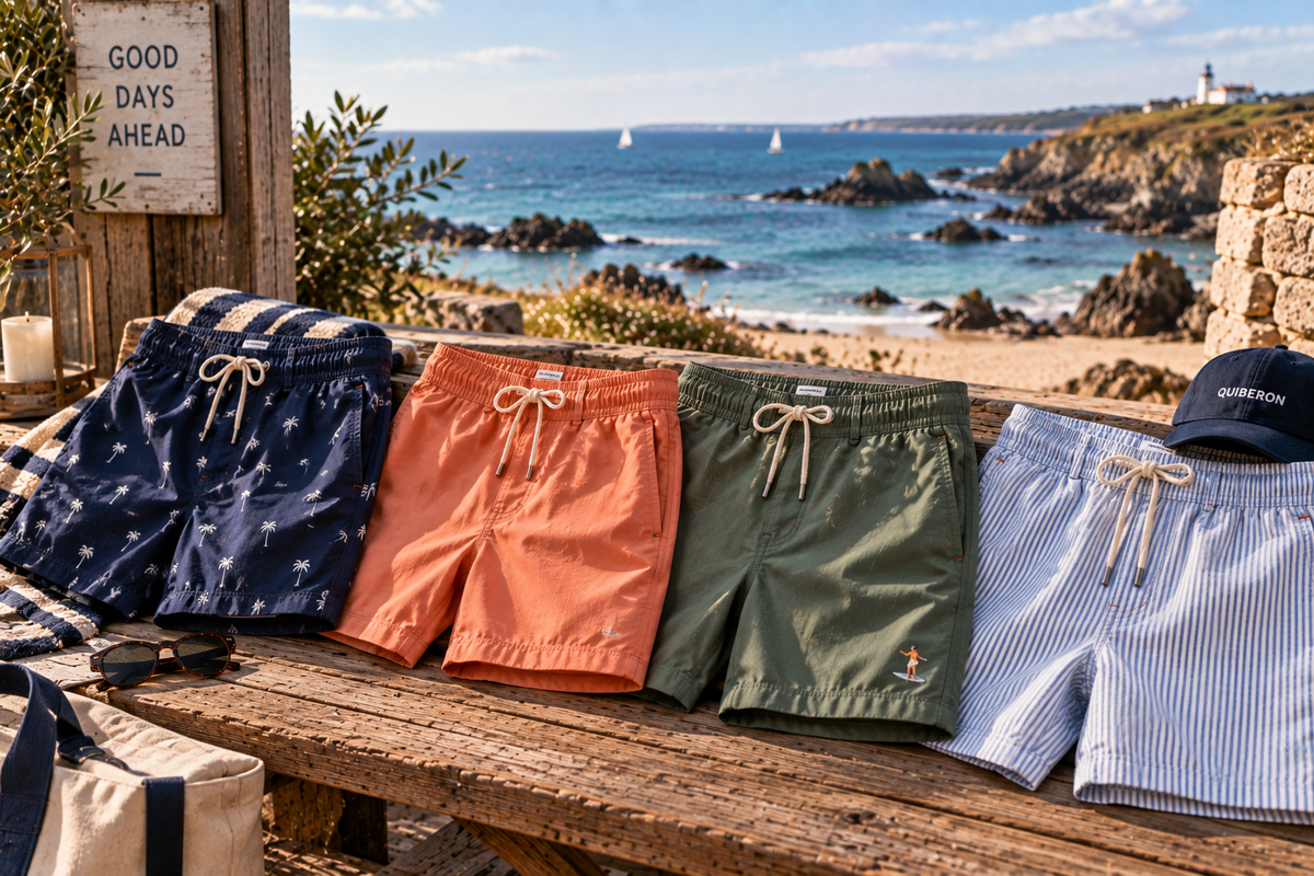 Sélection de maillots et shorts de bain homme dans un décor côtier à Quiberon