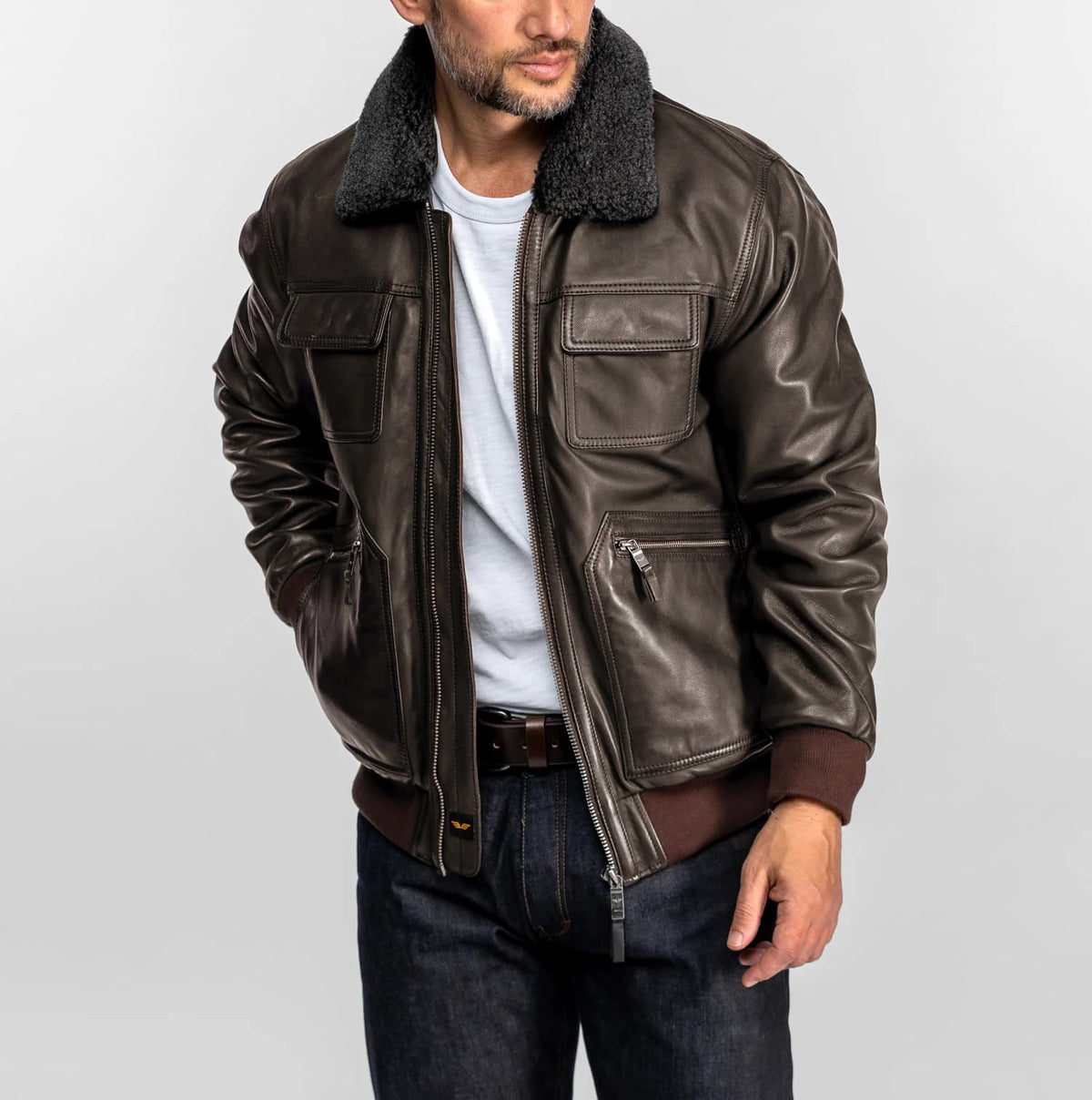 Blouson Aviateur en Cuir de Mouton Marron – Homme