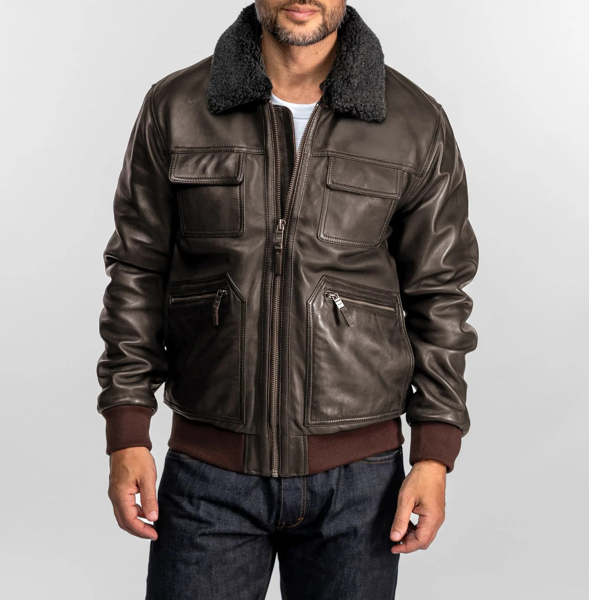 Blouson Aviateur en Cuir de Mouton Marron – Homme