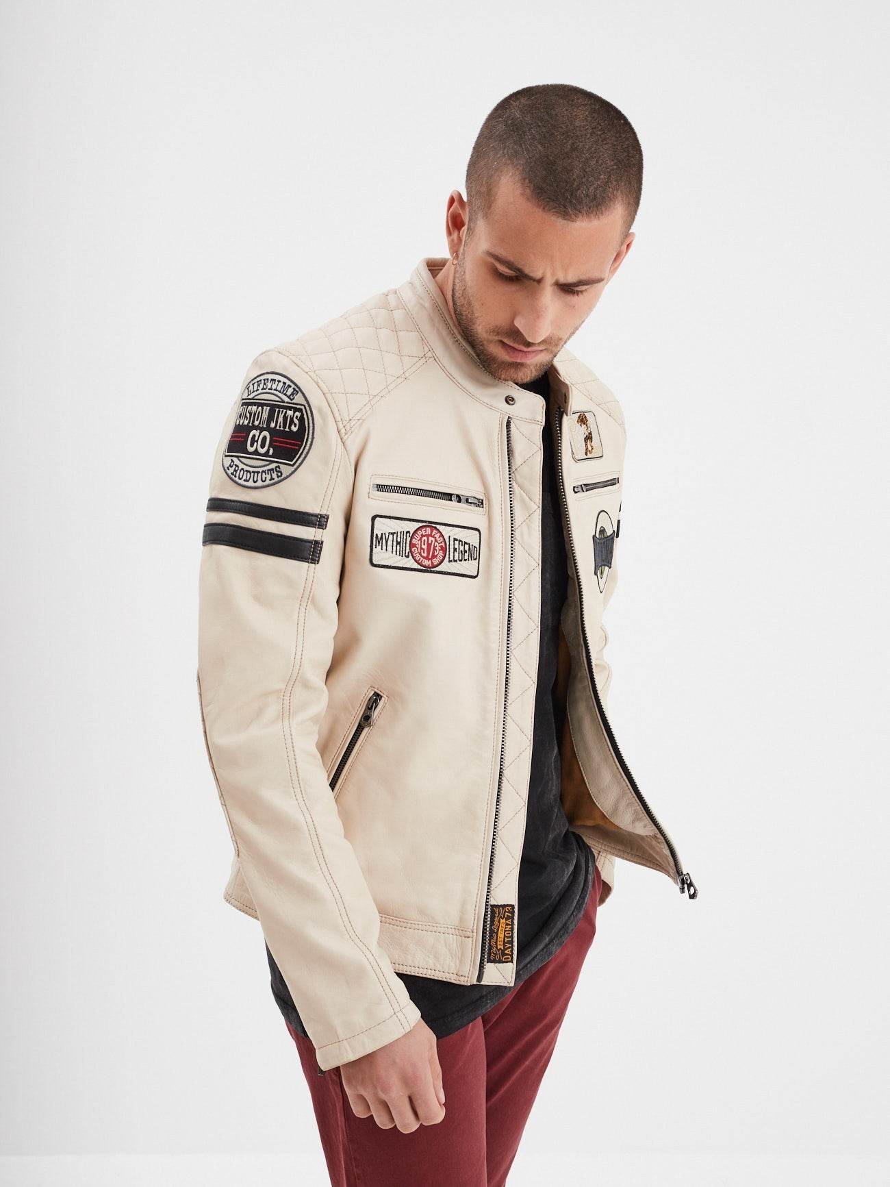 WALKOR - BLOUSON CUIR MOTARD blanc