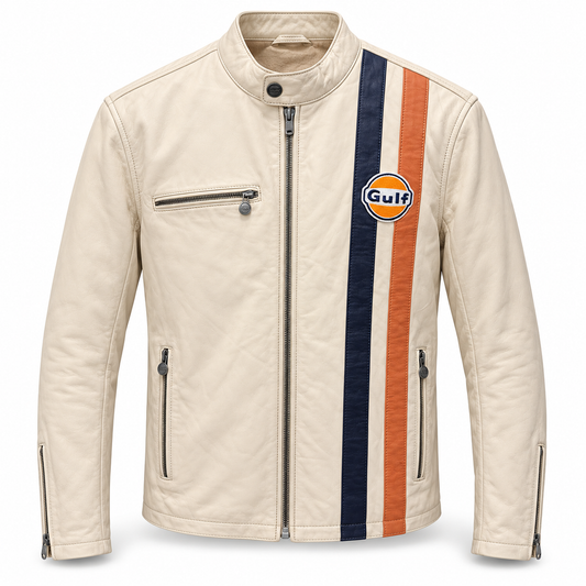 Veste en cuir GULF ROADMASTER écru à bandes racing