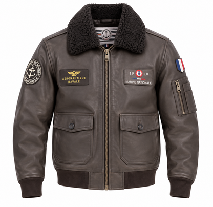 Blouson cuir Aéronautique Navale marron gris, col mouton et écussons officiels, vue de face