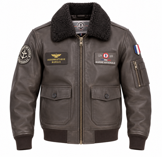 Blouson cuir Aéronautique Navale marron gris, col mouton et écussons officiels, vue de face