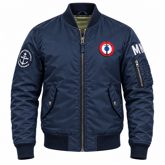 Bomber Aéronautique Navale bleu marine de face avec cocarde et écussons
