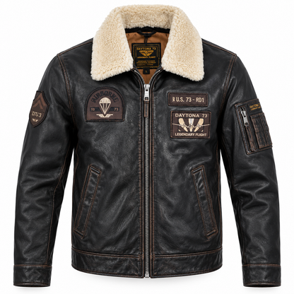 	Blouson cuir aviateur CHATOM Daytona 73 noir vieilli, col mouton et patchs Air Force, vue de face