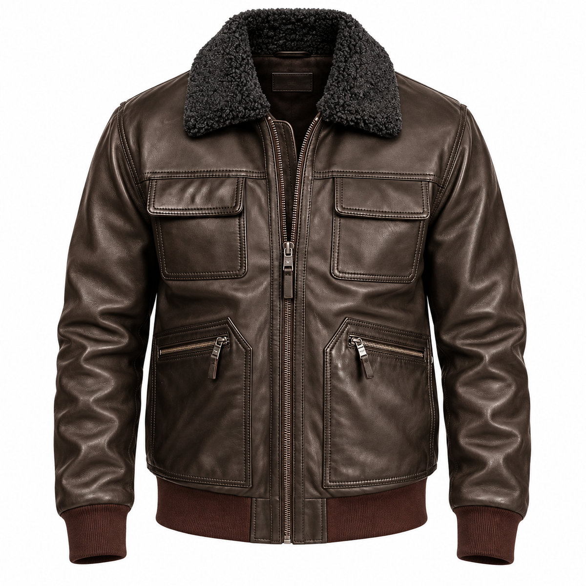 Blouson aviateur homme marron en cuir de mouton vue de face