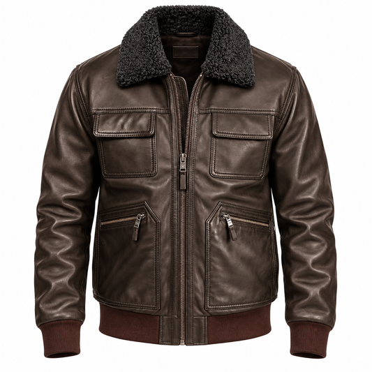 Blouson aviateur homme marron en cuir de mouton vue de face