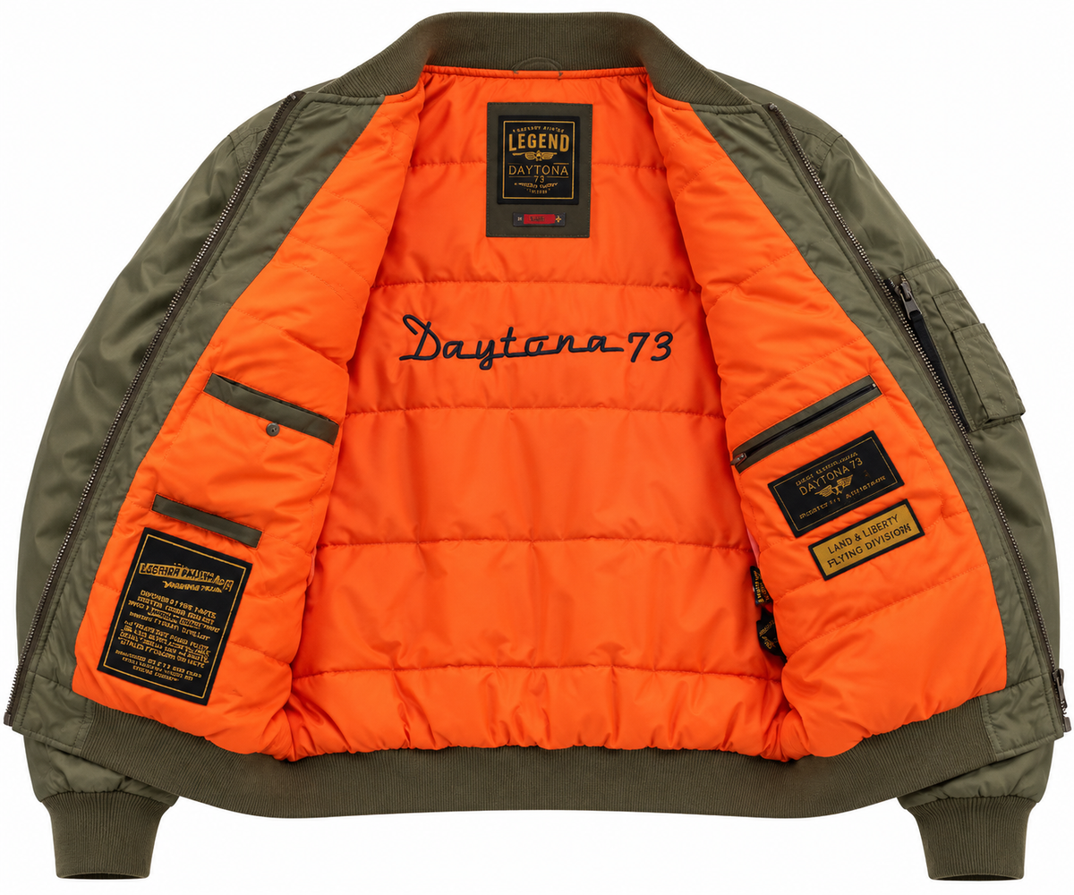 Doublure orange matelassée du bomber Mendes Daytona 73 avec poches intérieures