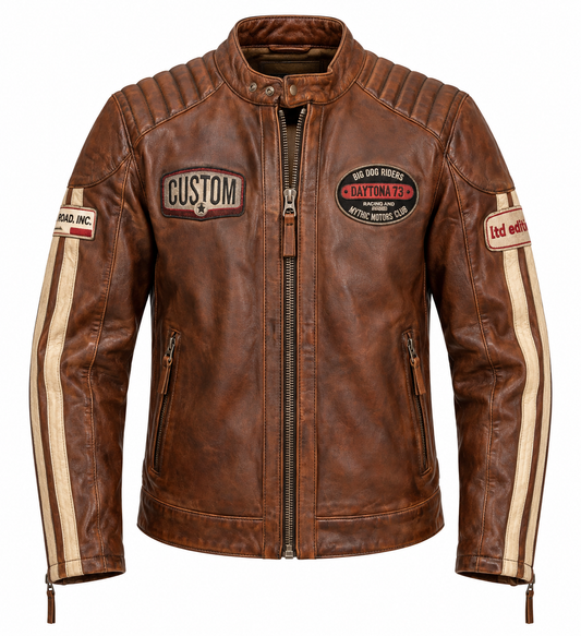 Blouson Corning Daytona 73 en cuir de mouton marron patiné, écussons racing brodés, bandes écrues sur les manches, vue de face.