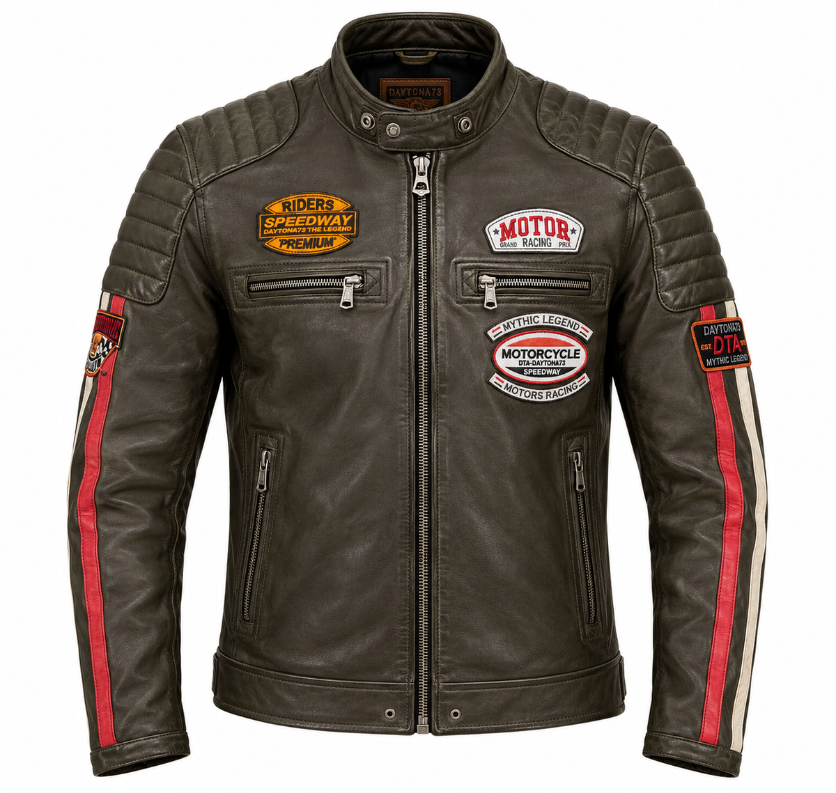 Blouson cuir motard kaki Gasly Daytona 73 de face, patchs racing vintage et bandes contrastées
