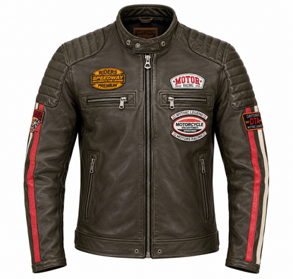 Blouson cuir motard kaki Gasly Daytona 73 de face, patchs racing vintage et bandes contrastées