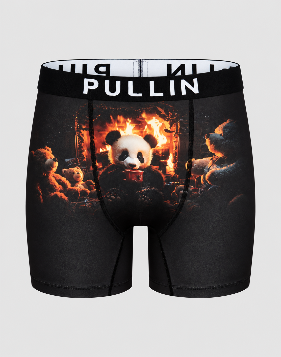 Boxer FASHION2 Panda Pullin homme noir vue de face avec imprimé panda au coin du feu