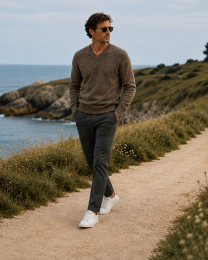 Pull Homme Col V en Laine Marron Chiné Seamless Vee – Hartford