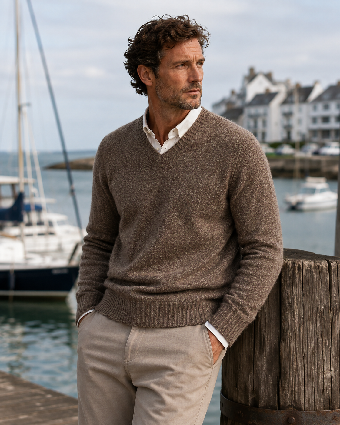 Pull Homme Col V en Laine Marron Chiné Seamless Vee – Hartford