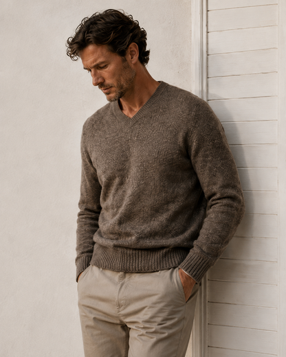 Pull Homme Col V en Laine Marron Chiné Seamless Vee – Hartford