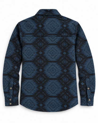 Chemise Allman indigo Iron & Resin à motifs géométriques vue de dos

Chemise pliée :
