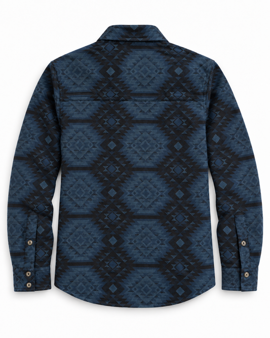 Chemise Allman indigo Iron & Resin à motifs géométriques vue de dos

Chemise pliée :