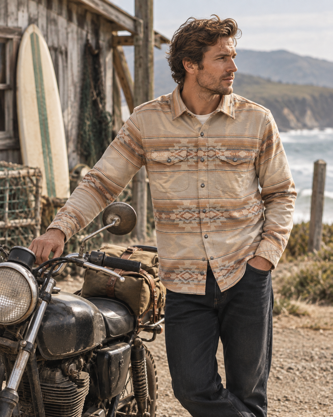 Chemise Klamath beige Iron & Resin portée style baroudeur sur la Côte Sauvage
