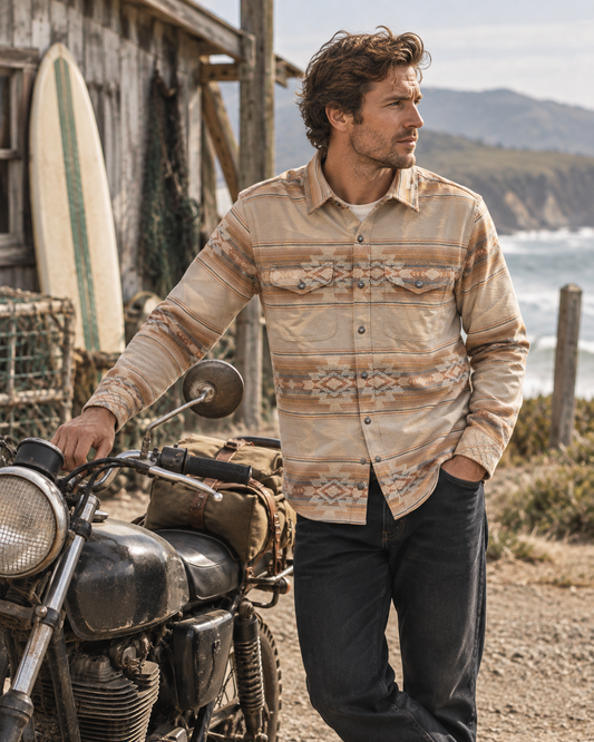 Chemise Klamath beige Iron & Resin portée style baroudeur sur la Côte Sauvage