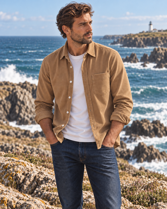 Chemise Paul Pat Hartford camel portée style élégance côtière à Quiberon