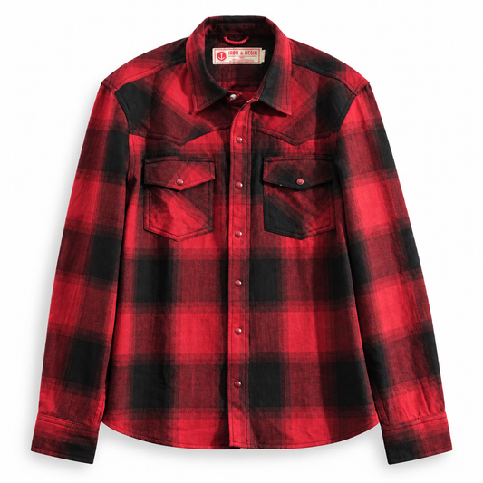 Chemise Iron & Resin à carreaux rouges et noirs pour homme, vue de face avec poches poitrine à rabat et boutons-pression.