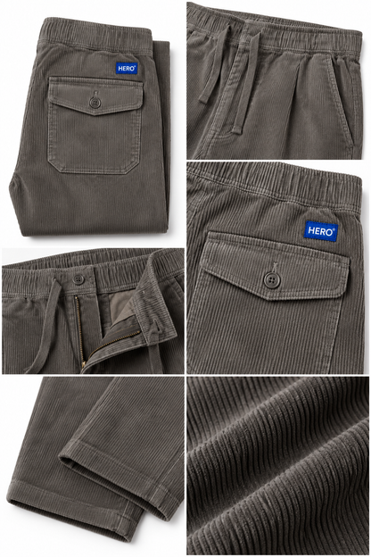 Détails pantalon Alwyn Hero Seven en velours côtelé taupe avec poches, cordon et logo