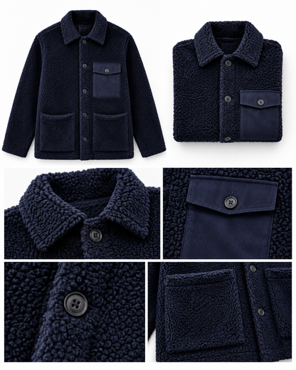 Détails veste Utility Hartford sherpa marine avec col, boutons, poches plaquées et poche poitrine