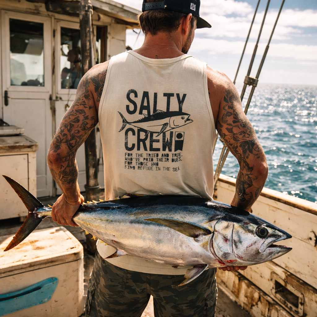 Débardeur Salty Crew Tried and True écru porté homme sur bateau de pêche