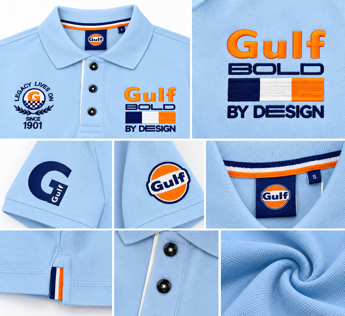 Détails des broderies Gulf Bold et Legacy Lives On Since 1901, édition 125 ans