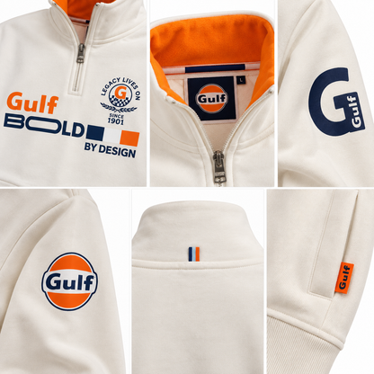 Détails logos Gulf Bold 1901, col zippé et marquages anniversaire 125 ans