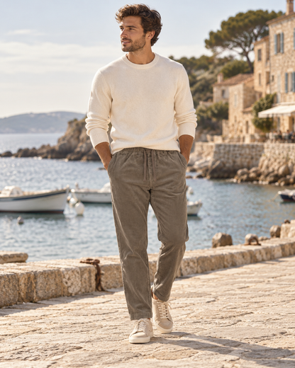 Pantalon Alwyn Hero Seven en velours côtelé porté homme style élégance côtière