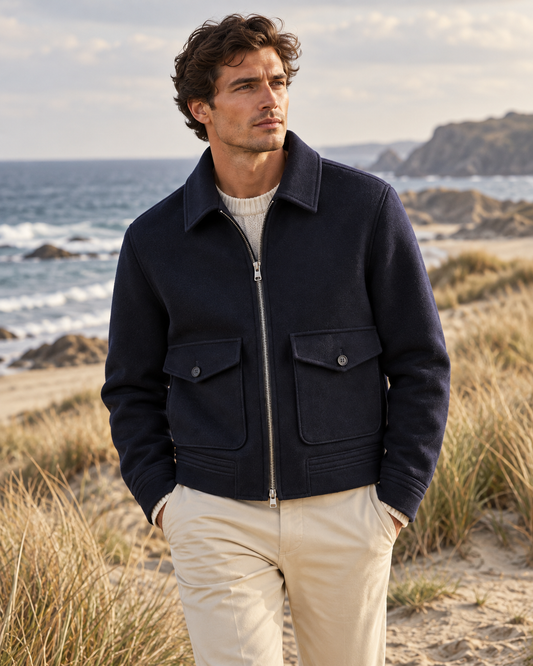 Veste TED Hero Seven bleu marine portée homme dans les dunes style élégance côtière