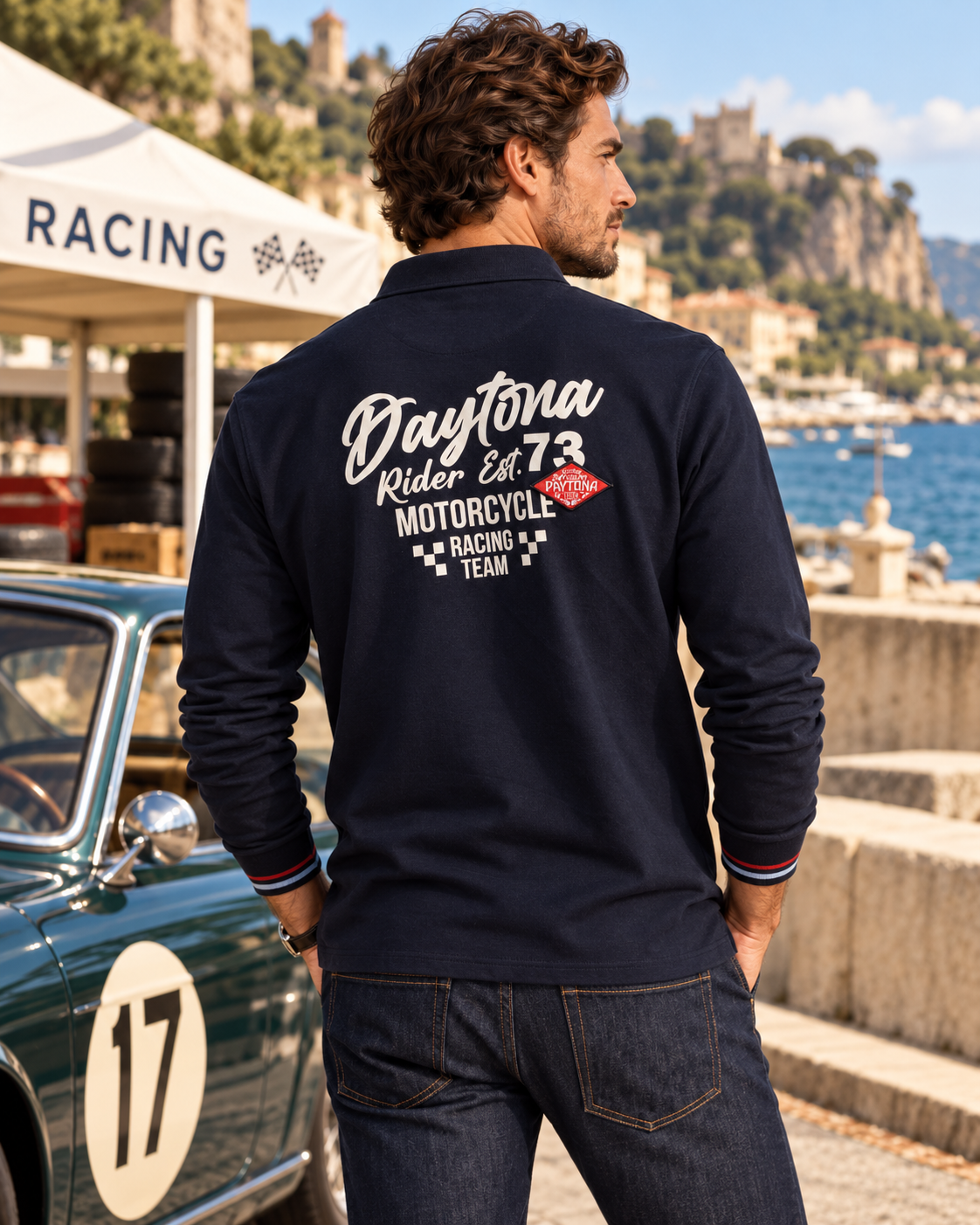 Polo SELAWIK manches longues porté homme vue de dos style automobile vintage
