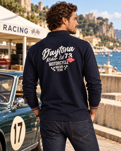 Polo SELAWIK manches longues porté homme vue de dos style automobile vintage