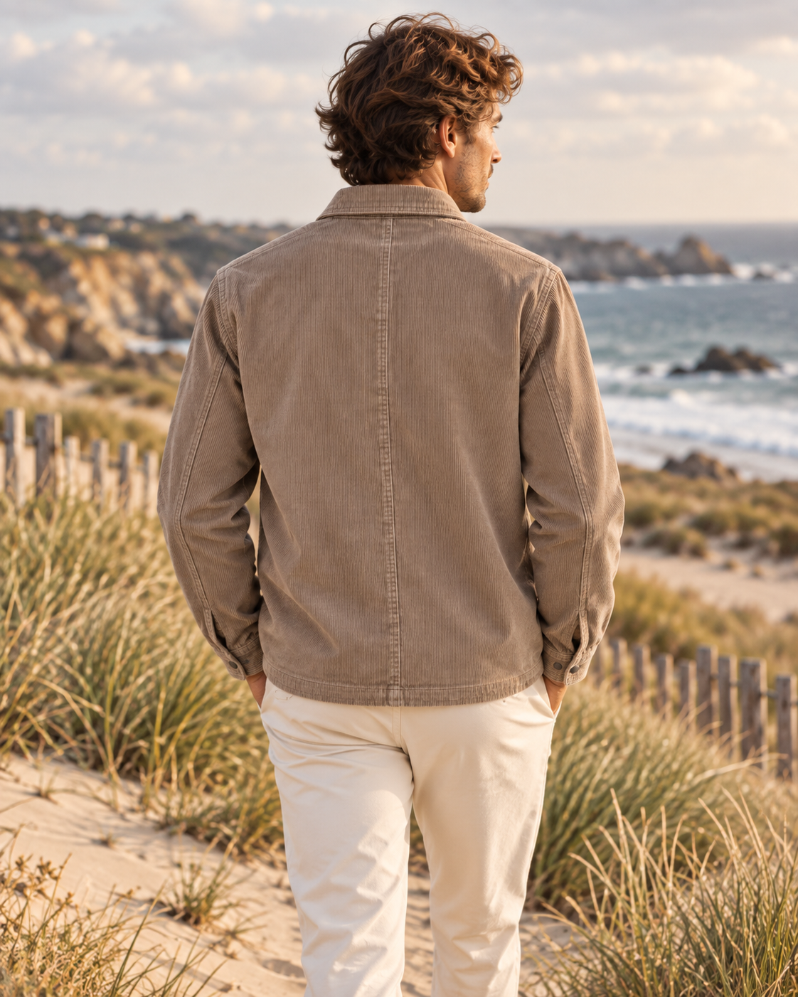 Veste ADRIEL Hero Seven velours côtelé portée homme vue de dos en bord de mer